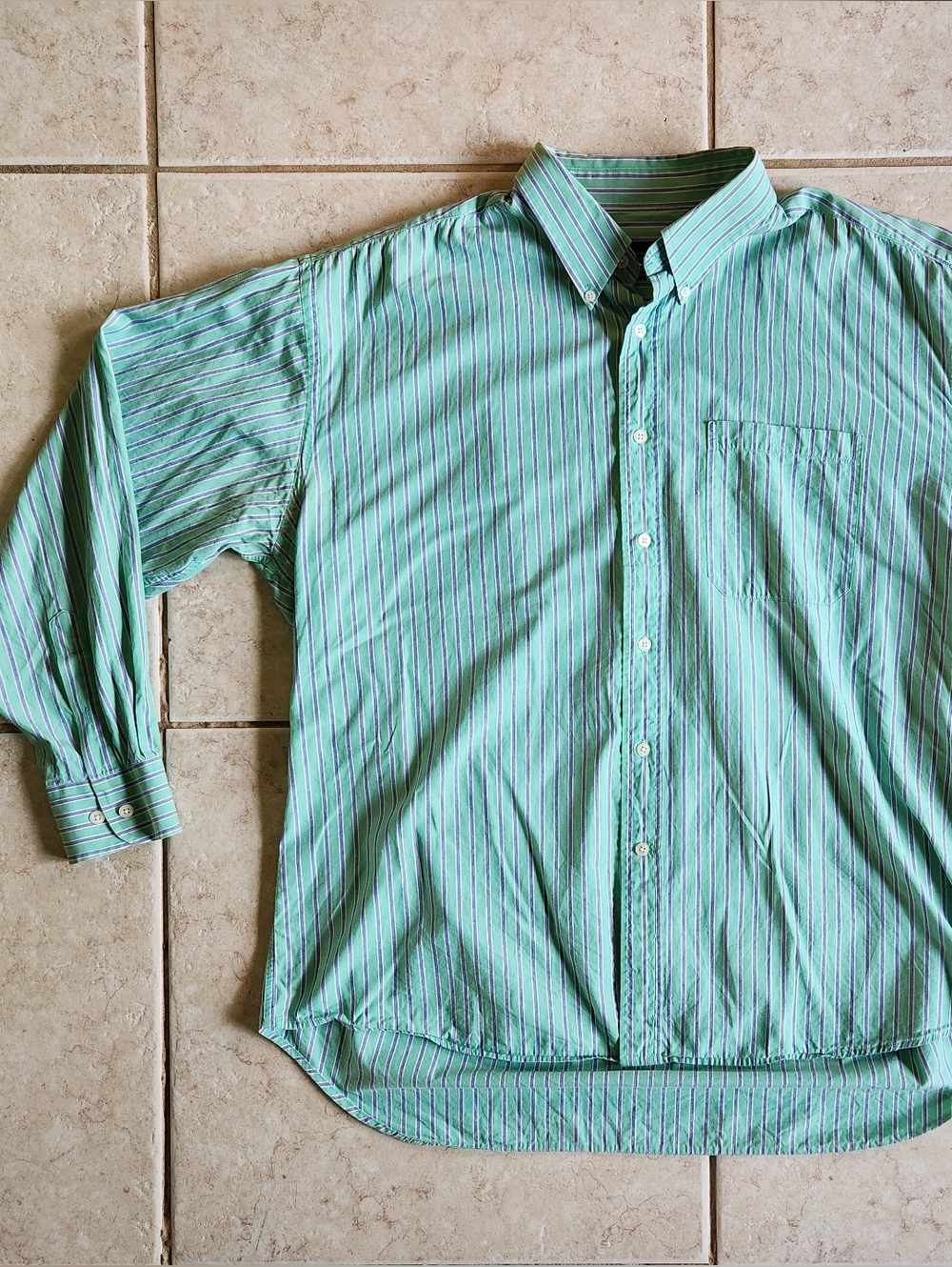 VTG Christian Dior Monsieur Striped Dress Shirt Green Blue 17 34/35 Large